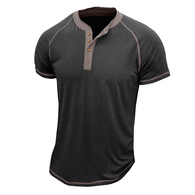 2024 Sommer Kurzarm Rundhals Herren Henry Shirt T-Shirt Color Block Top_voghion.com