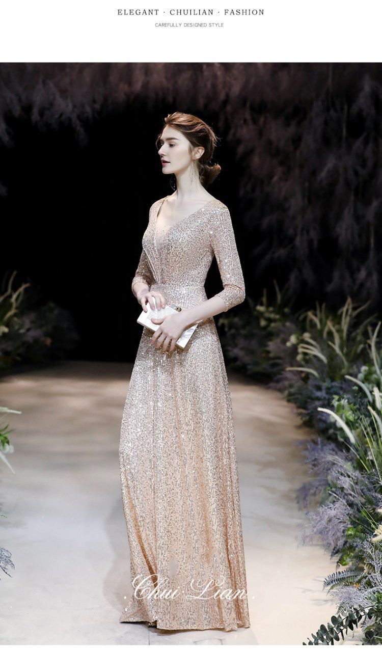 Damenbekleidung Goldenes Temperament Pailletten Elegantes Kleid Rock Weibliche Gastgebertextur Jahrestagung Geschenk_voghion.com