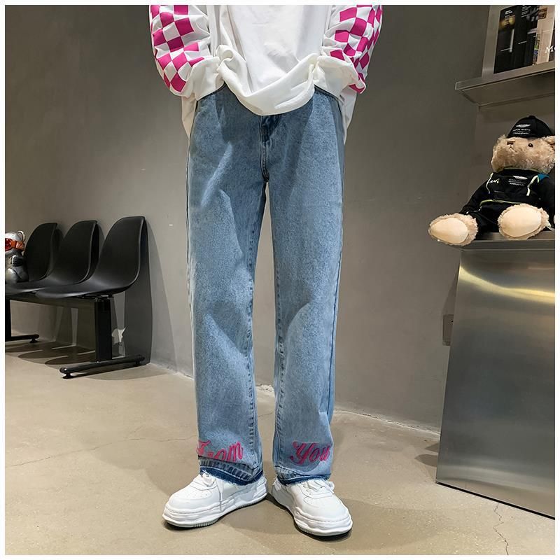 Jeans im amerikanischen Stil für Herren, Herbst-Design, High Street-Modemarke, bestickt, vielseitig, locker, gerades Bein_voghion.com