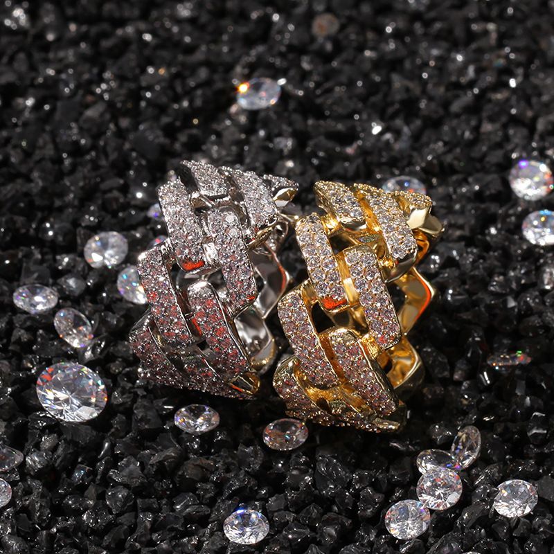 Neuer, mit Mikropflaster versehener Zirkonia-Ring für Herren mit 2 Reihen galvanisierten Diamanten aus echtem Gold für Hip Hop Cuban Ring_voghion.com