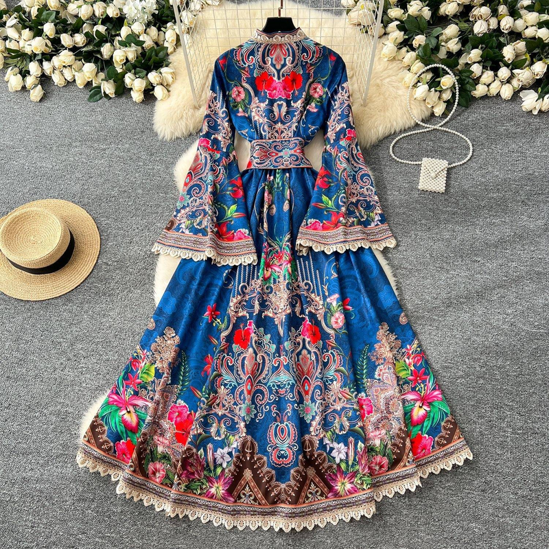 Damenbekleidung Neues High-End-Kleid mit Taille, einreihig, ausgestellte Ärmel, langer Spitzenrock_voghion.com