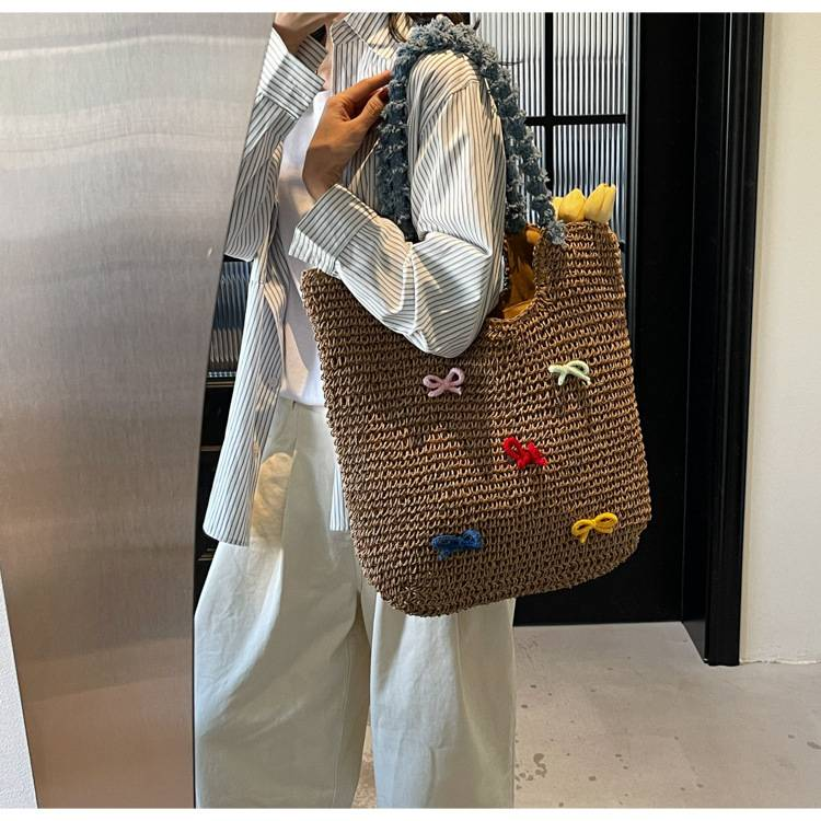 Borsa intrecciata a mano Borsa da spiaggia con fiocco carino Borsa da spiaggia alla moda Borsa da spiaggia monospalla in paglia Borsa da festa_voghion.com