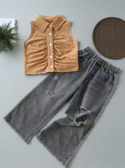 Kinderbekleidungsversion für Mädchen im Sommer, neues bedrucktes T-Shirt im Retro-Distressed-Loch-Denim, weite Hose, zweiteiliges Set im trendigen Stil_voghion.com