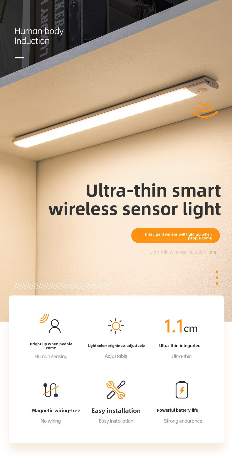 Luce LED ultrasottile con sensore di movimento intelligente - Striscia magnetica e adesiva per armadi e cantine (ricaricabile, 3 modalità di illuminazione)_voghion.com