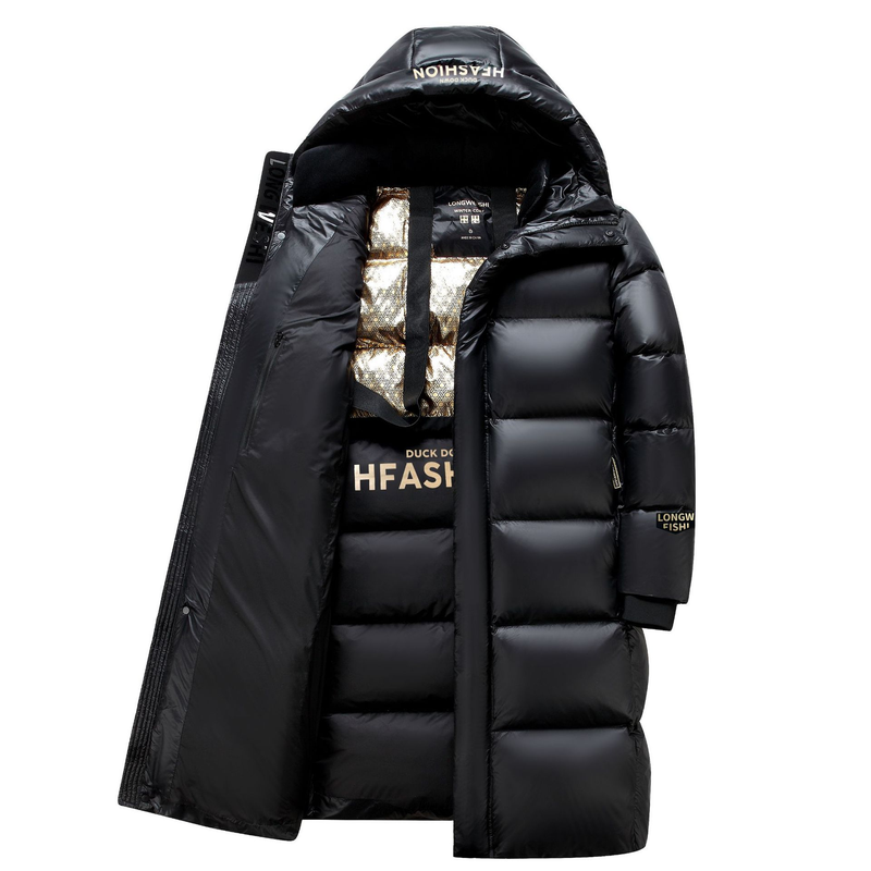 Nuovo piumino da uomo di media lunghezza, in piuma d'anatra bianca e nera, spesso, lungo fino al ginocchio, tendenza invernale da donna_voghion.com