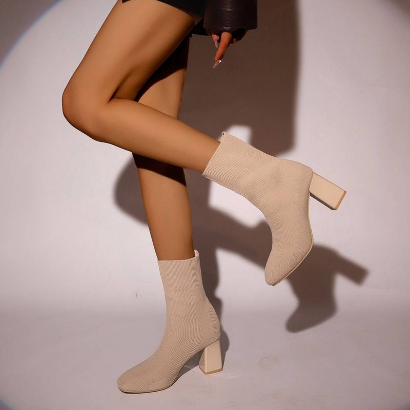 Ladies Elastic Booties, Simple Shoes With Thick Heels, Can Be Worn In All Seasons, Suitable For Banquets And Daily Wear._voghion.com