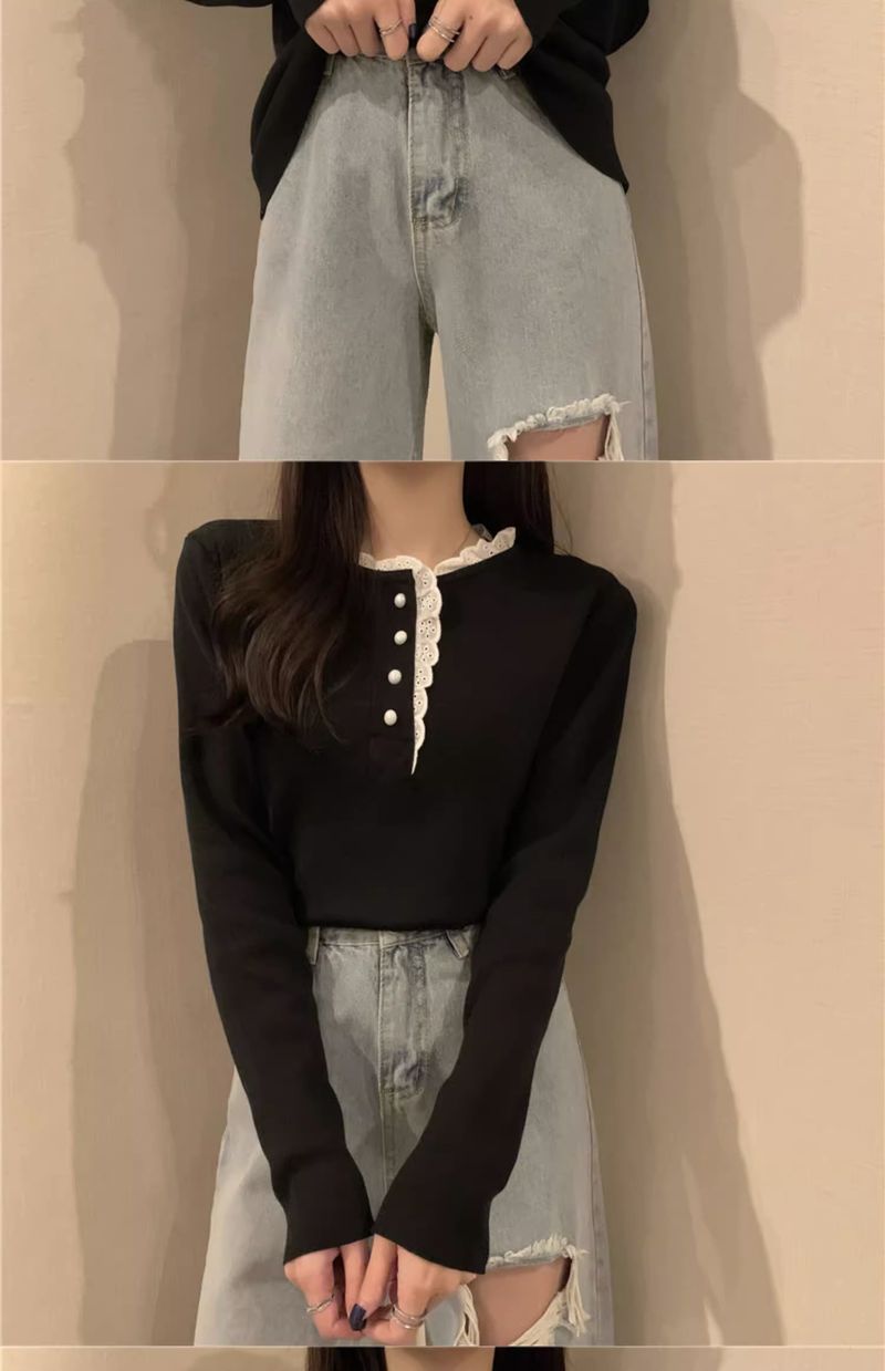 Dolce maglione in stile western con design unico, maglia a maniche lunghe con base in albicocca e pizzo con orecchie di legno, autunno e inverno_voghion.com