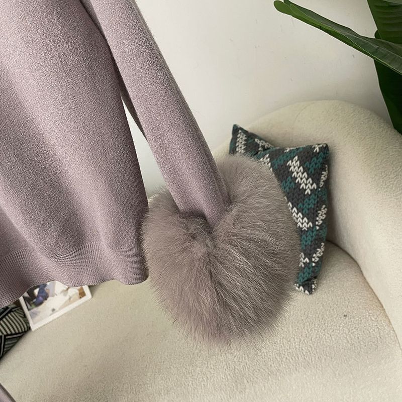 Ensemble en tricot avec poignets en fourrure de renard pour femme – Pull ample à col montant et pantalon large pour l'automne/hiver_voghion.com