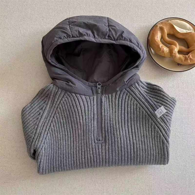 2025 Autumn Winter New Children's Girls Boys Patchwork Hooded Korean Design Versatile Cute Baby Sweater Pullover Knitted_voghion.com