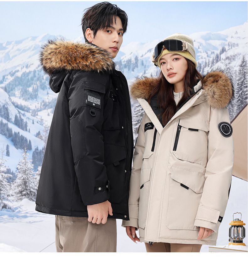 "Kurze Daunenjacke für Paare – 650 FP weiße Gänsefedern, extrem kältebeständig, winddicht (übergroße Pelzkapuze, Militärstil, Unisex-Passform)"_voghion.com