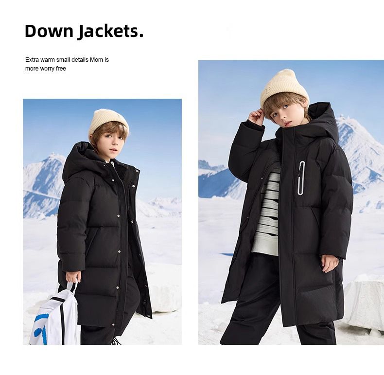 Kids' Long Winter Puffer Coat – Thickened Polyester Jacket With Detachable Hood For Boys & Girls (120-170cm, Black/Red/White, Windproof & Soft)_voghion.com