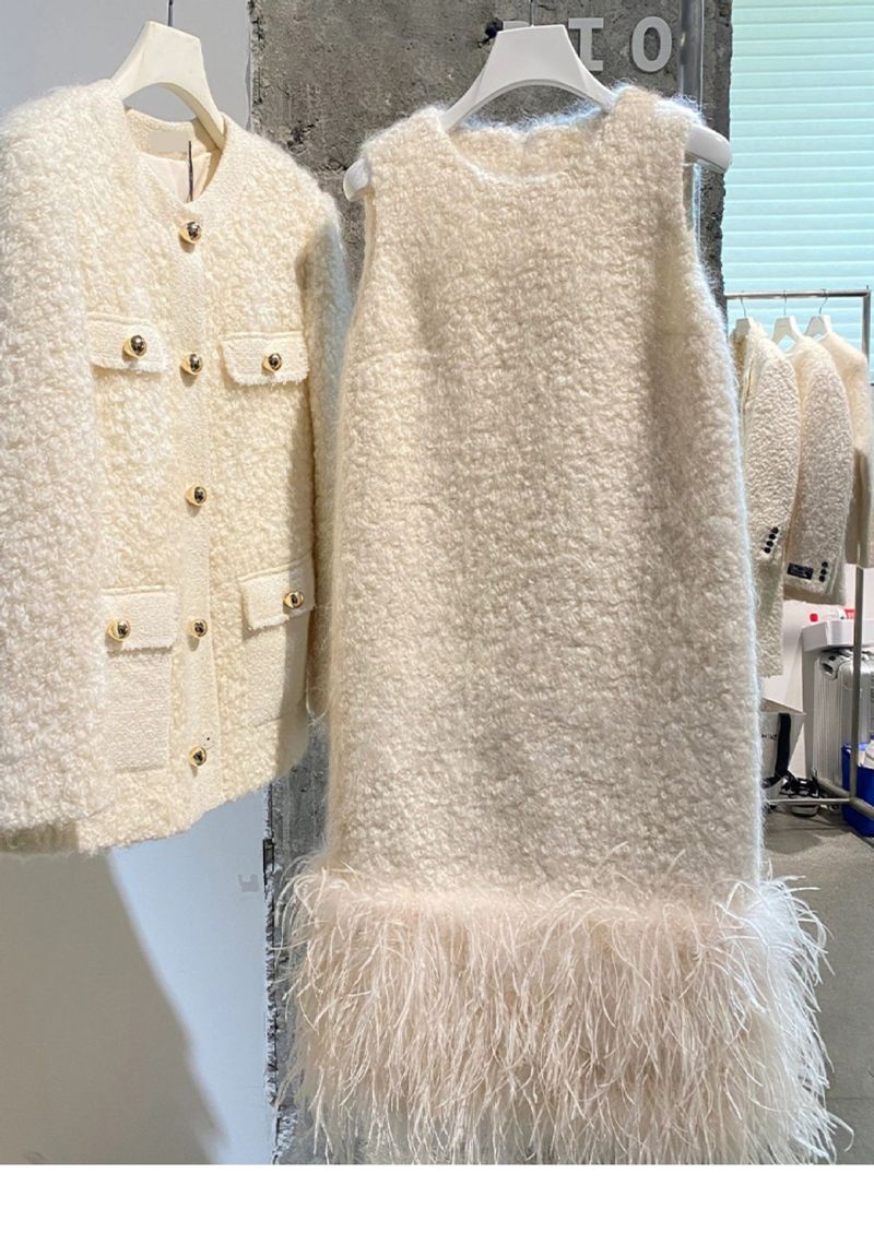 Damenbekleidung Temperament Leichtes High-End-weißes Mantelkleid Zweiteiliger Anzug_voghion.com