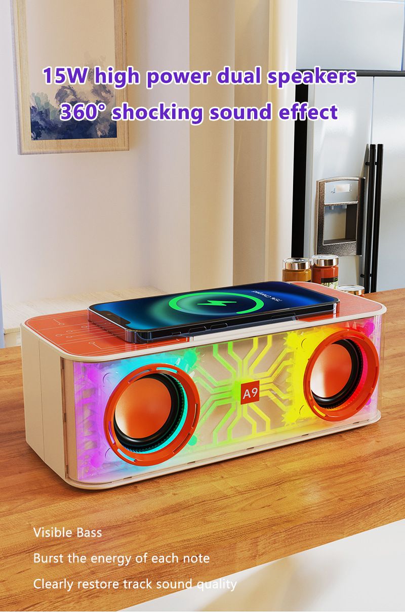 Vezeték nélküli Bluetooth hangszóró asztali mélynyomó színes fények mobiltelefon vezeték nélküli töltés karaoke kis hangszóró_voghion.com