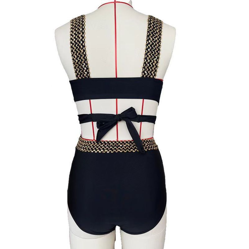 Damenbekleidung Hohe Taille Bauchbedeckender Gold Elastischer Split Bikini Badeanzug Damen_voghion.com