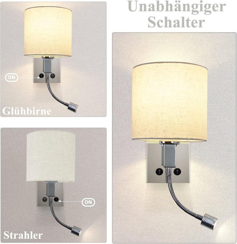 Glitzerlife LED Wandlampe Mit Schalter Wandleuchte Innen - Leselampe Schlafzimmer Stoffschirm Schwenkbar Bettleuchte Mit Flexleuchte Stoff Nachttischlampe_voghion.com
