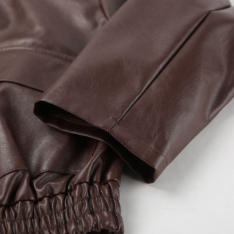 Damenbekleidung Vintage-inspirierte Bomberjacke für Damen – Fliegermantel aus PU-Leder, entspannte Passform, klassisches Braun, Freizeit- und Bürokleidung_voghion.com