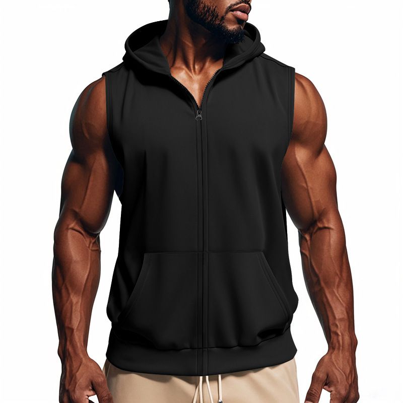 Herren Sommer Unterhemd mit Kapuze Sport Fitness Training Reißverschluss Strickjacke Ärmellose Weste Tops_voghion.com