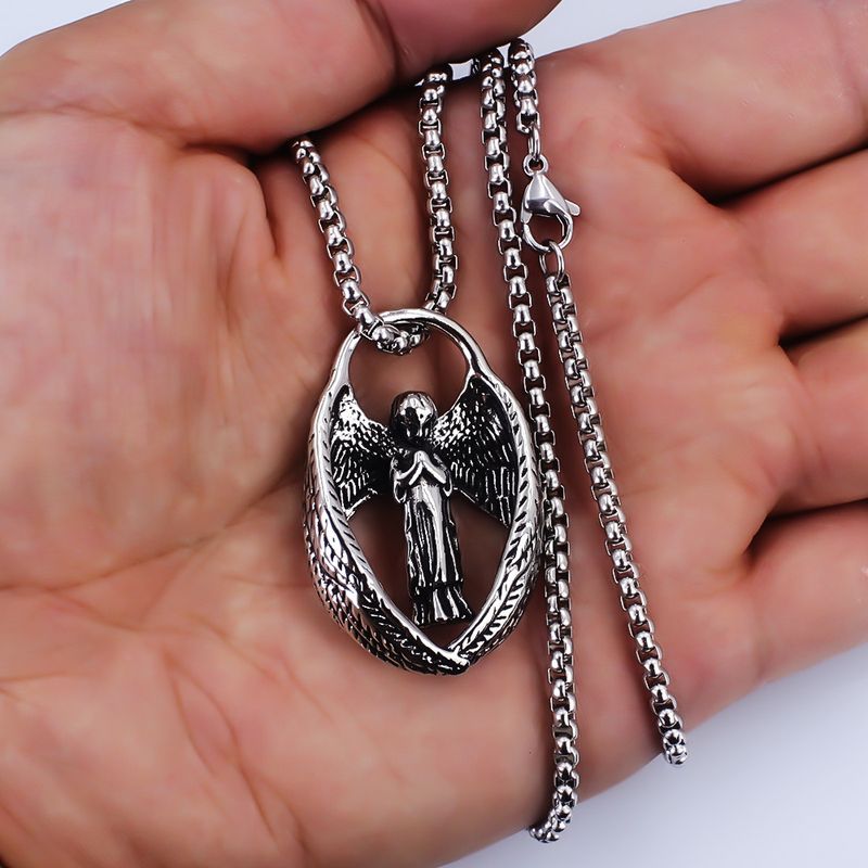 New Hip Hop Street Punk Personality Hot Sale Faith Muse Prayer Prayer Stainless Steel Pendant Angel Wings Necklace Men's Necklace_voghion.com