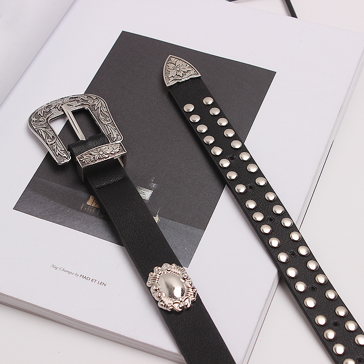 2019 Spring and Summer New Style Retro Carved Buckle Punk Style Double Row Rivets PU Leather Pants Belt Belt Women's Fashion_voghion.com