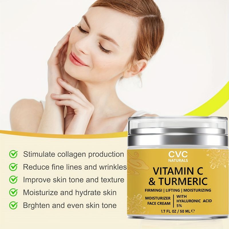 Crema viso alla vitamina C e curcuma, 1,7 FL.OZ/50 ML, idratante rassodante con acido ialuronico al 5%, formula rassodante e lifting, illumina il tono della pelle_voghion.com