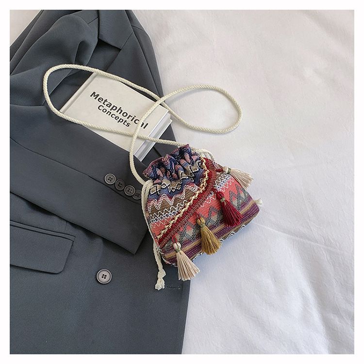 Borsa a secchiello da donna, stile etnico, borsa a tracolla con coulisse e nappa, borsa a secchiello da donna_voghion.com