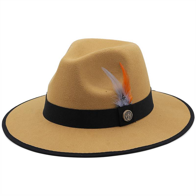 Bordered solid color feather woven belt woolen felt hat, European and American autumn and winter party fashion flat brim jazz top hat_voghion.com