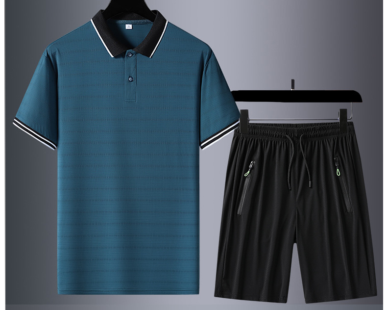 Men's Ice Silk Short-Sleeved Shorts Two-Piece Suit Men's Short-Sleeved T-Shirt Casual Lapel Polo Shirt Large Size Shorts_voghion.com