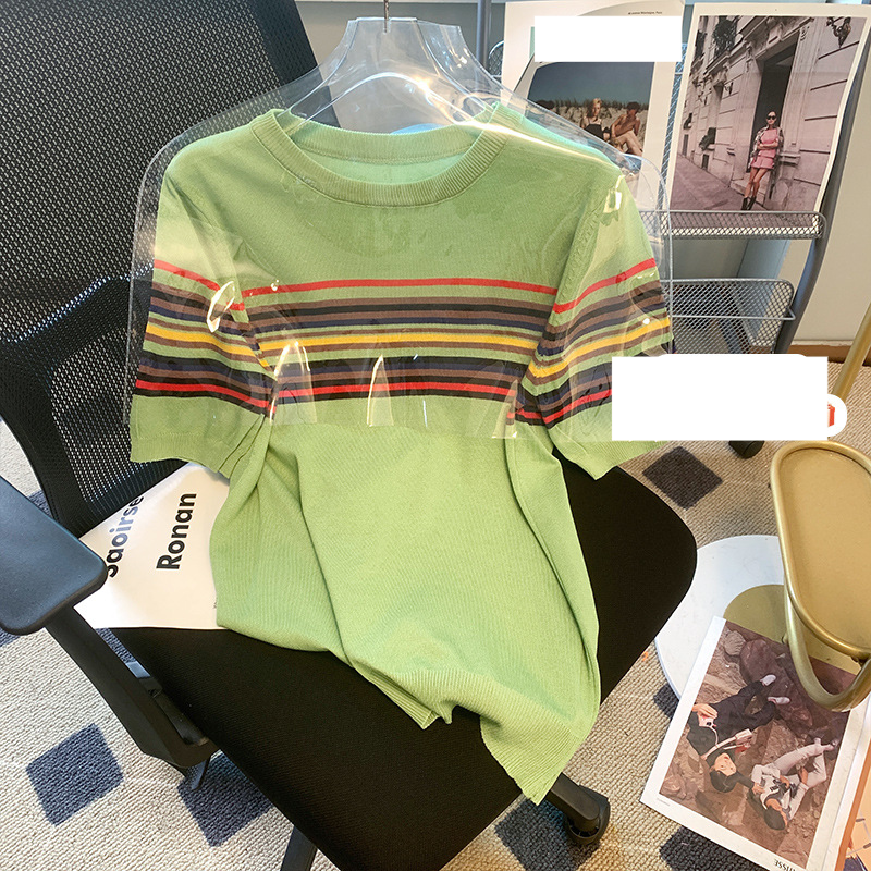 Pullover für Damen, Regenbogen-Streifen-T-Shirt, kurzärmlig, dünn, locker, Rundhalsausschnitt, farblich passender Pullover aus Eisseide_voghion.com