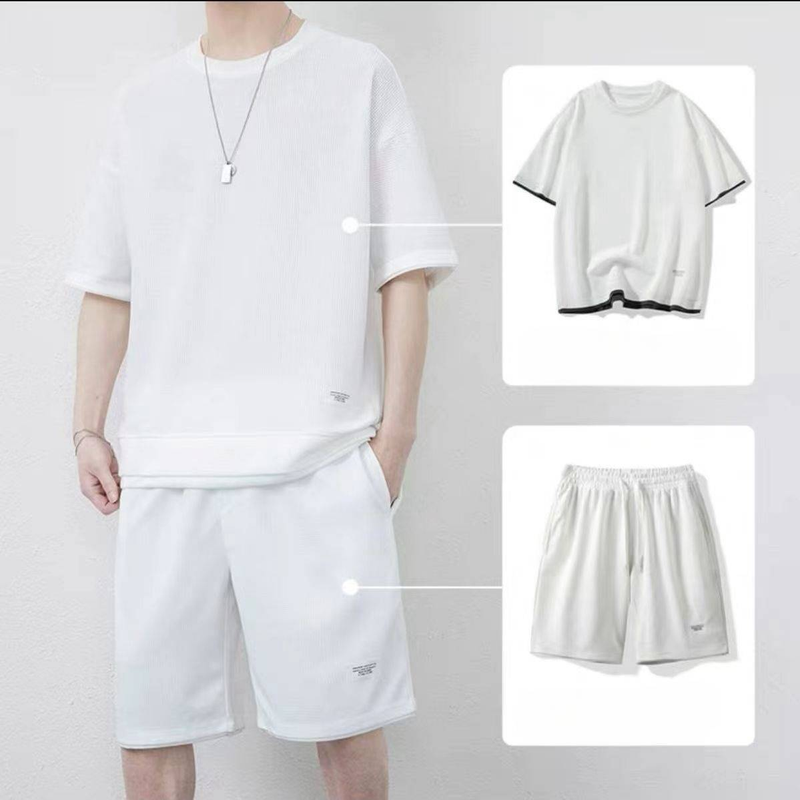 Terno esportivo waffle masculino, shorts de duas peças com manga curta, roupas masculinas com um conjunto de roupas casuais bonitas_voghion.com