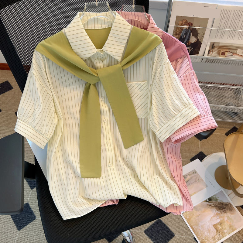 Women's Clothing Shawl Striped Shirt Short Sleeve Summer New The Workplace Light Mature French Style High End Shirt Light Luxury Tops For Women_voghion.com