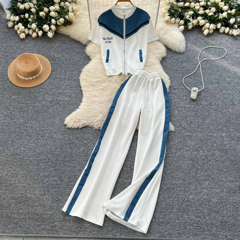 Kadın Giyim Moda Takım Elbise Kadınlar İçin Yaz Aylarında Kot Dikişli Kısa Kollu Fermuarlı Üst + Yüksek Bel Rahat Geniş Paça Pantolon_voghion.com