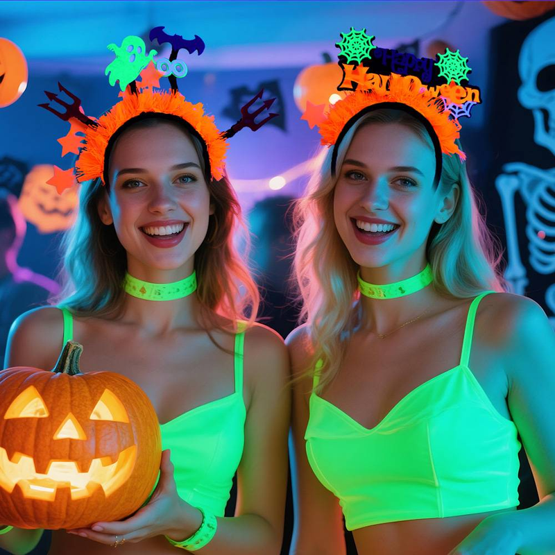 Bandeaux d'Halloween phosphorescents - Barrettes à cheveux en forme de chauve-souris et citrouilles fluo arc-en-ciel, accessoires de fête doux non tissés_voghion.com