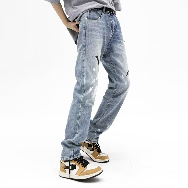 High Street Trendy Brand Splashed Ink Micro Flared Jeans Men's American Retro Vibe Style Loose Straight Casual Mopping Trousers_voghion.com