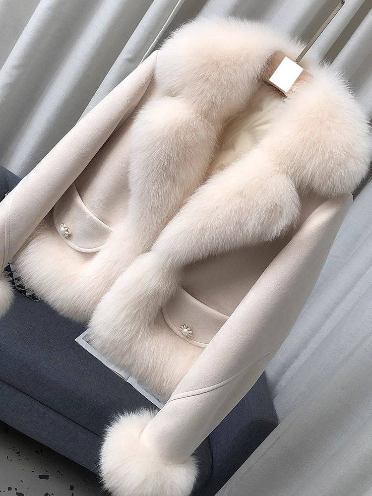 Women's Faux Fox Fur Short Coat - Elegant Style Jacket With Faux Suede Trim, Slim Fit, Winter Warm Outerwear (Blue, Pink, Beige, Camel)_voghion.com