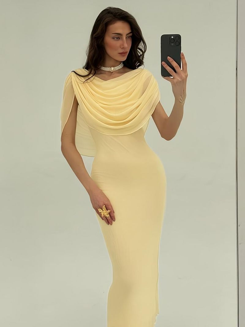 Elegante abito lungo aderente con scollo a cappuccio, vestibilità slim in maglia per appuntamenti serali e cocktail party (S-XL, poliestere elasticizzato, silhouette senza cuciture)_voghion.com