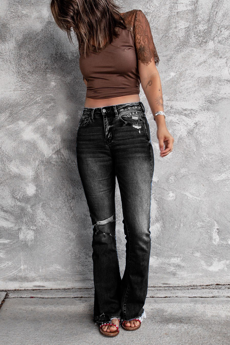 Jeans aderenti a vita alta, elastici, retrò, aderenti, da donna, con fondo a campana, strappati_voghion.com