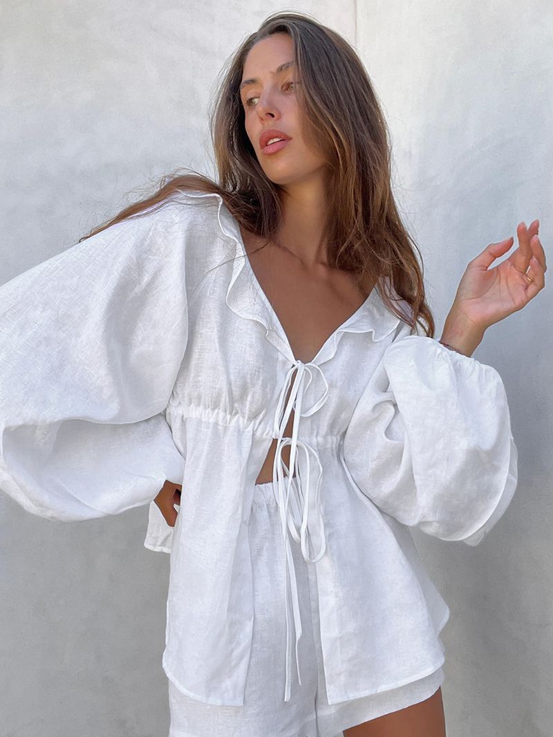 Completo estivo da donna in due pezzi, all'ingrosso, con scollo a V, maniche a sbuffo, in cotone e lino, nuovo stile alla moda._voghion.com