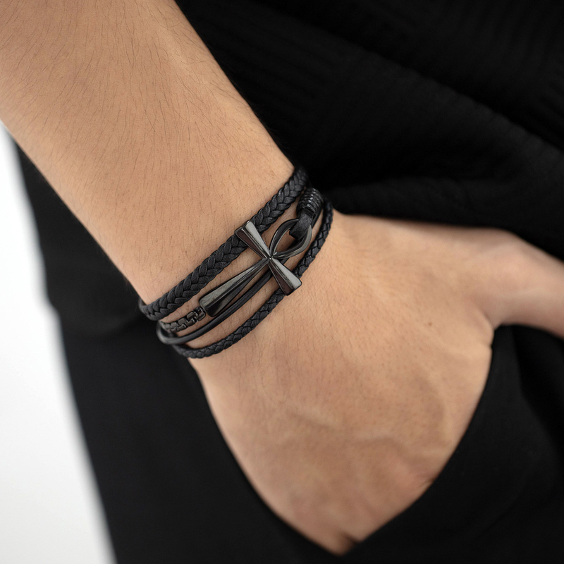 Mehrlagiges handgefertigtes gewebtes Lederband, klassisches Anka-Kreuz-Lederarmband_voghion.com