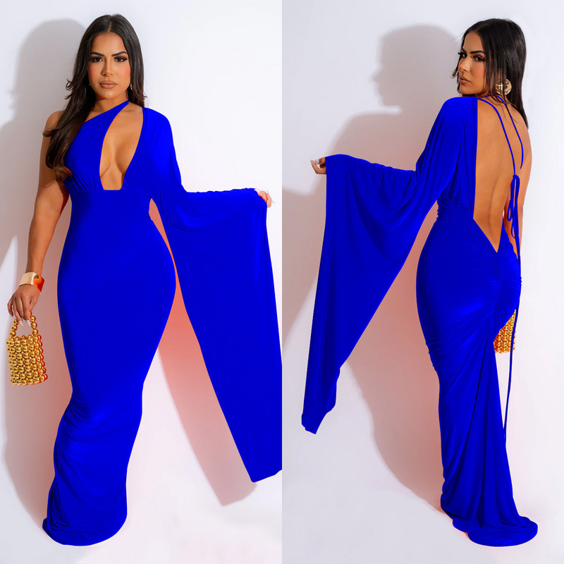 Abito da donna con gonna lunga senza schienale in tinta unita con maniche a spalla singola_voghion.com