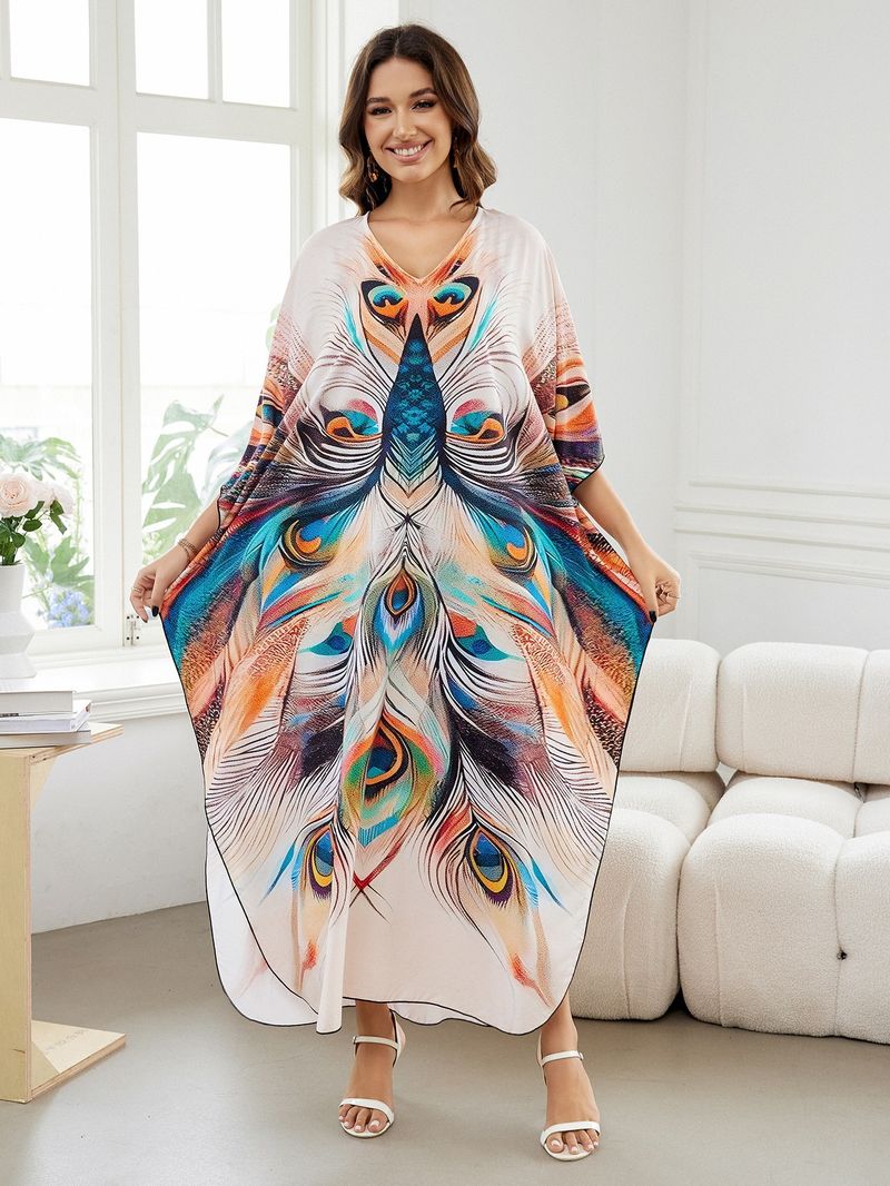 Sukienka maxi z nadrukiem w stylu boho, damska, narzutka z wiskozy – zwiewna tunika plażowa z etnicznymi wzorami, luźny krój w dużych rozmiarach, narzutka na bikini, strój na wakacje_voghion.com