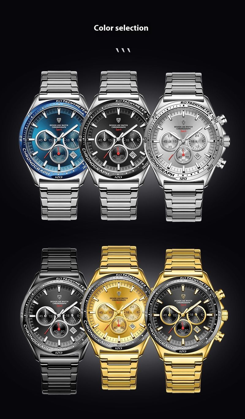 Business Machinery Men's High-end Multifunctional Large Dial Three Eye Six Pin Steel Strip Quartz Watch_voghion.com