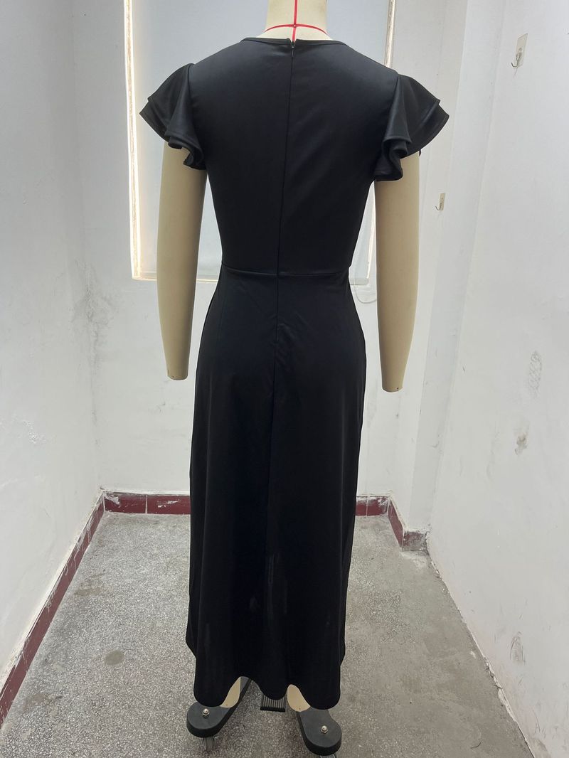 Damenbekleidung V-Ausschnitt Taillen-Lotusärmel Unregelmäßiges Kleid Damen_voghion.com