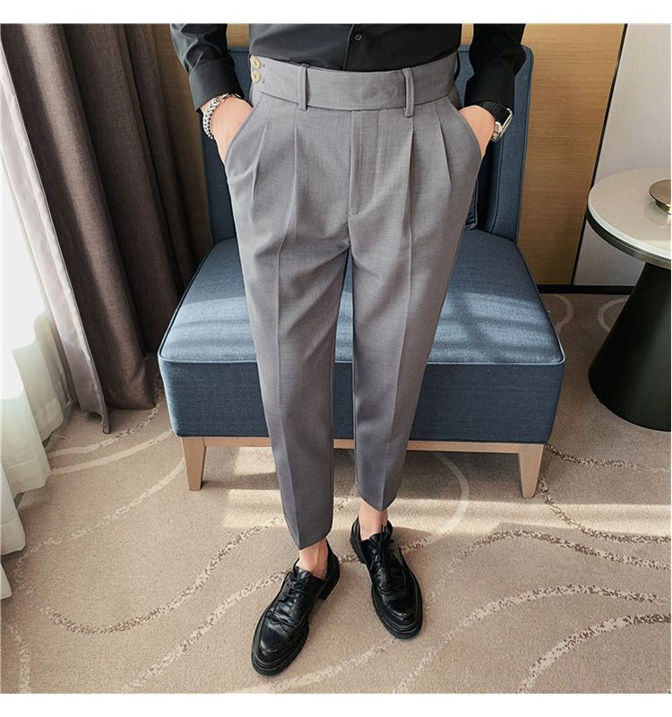Pantaloni napoletani da uomo nuovi di zecca, in twill strutturato, con vita a pieghe, design casual a nove punte, vita media e alta_voghion.com