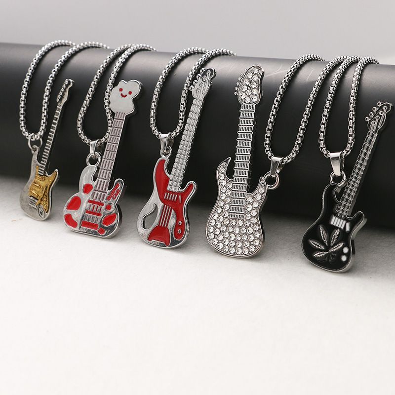 Hip Hop Musik Gitarre Halskette Straße Persönlichkeit Bounce Ti Stahl Pullover Kette Anhänger Schmuck Trend_voghion.com