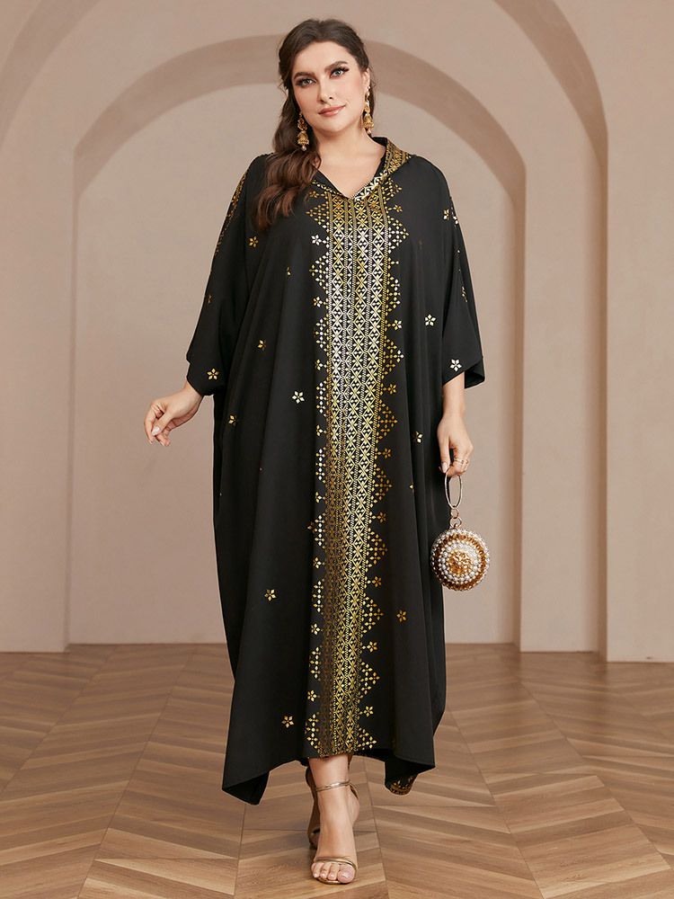 Women’s Clothing Muslim V neck hooded robe four sided elastic hot stamping dress_voghion.com