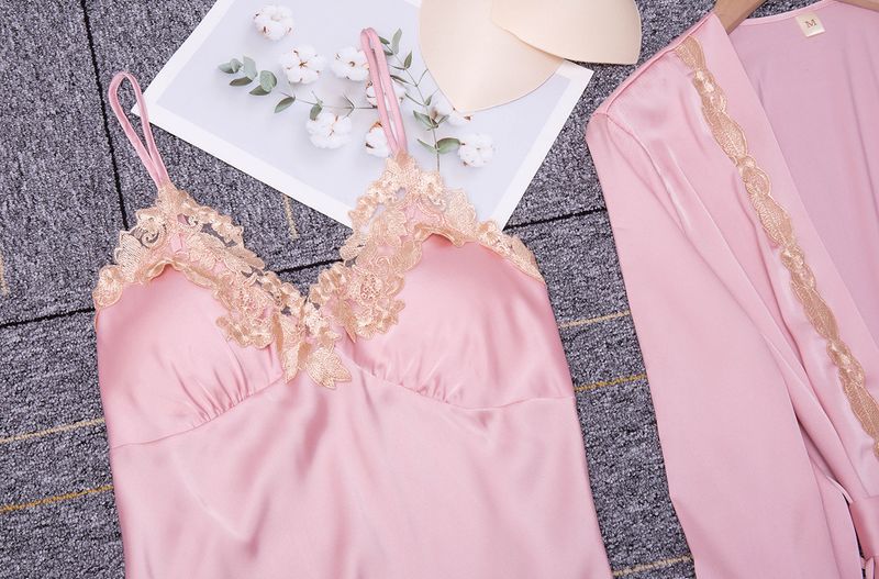 Yaoting Satin Chiffon Pyjamas Frauen Frühling und Sommer fünf Stück Eis Seide Sommer sexy Spitze Gürtel Brustpolster Hause Kleidung Herbst_voghion.com