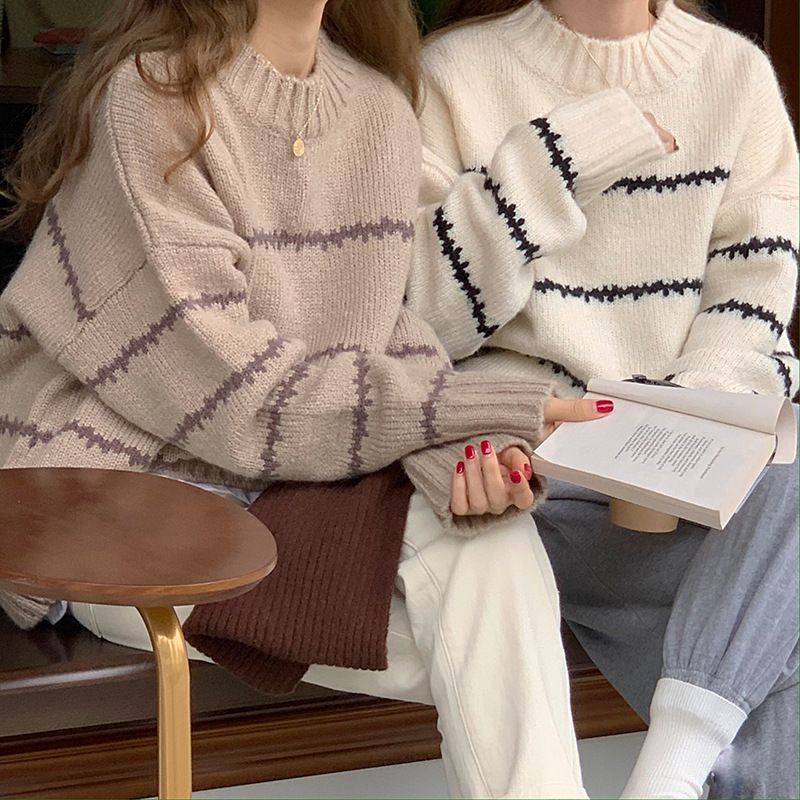 Japanese Retro Striped Knit Sweater Women's Loose Fit Long Sleeve Turtleneck Pullover - Soft Comfortable Chunky Knit Casual Top_voghion.com