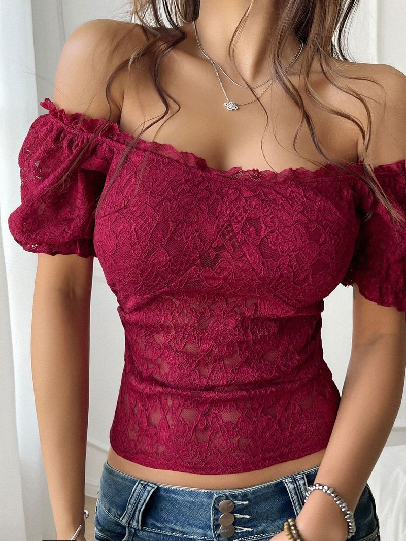 Diyun Cross Border primăvară și vară europene și americane sexy Hollow Navel expunând Slim un umăr dantelă topuri pentru femei_voghion.com