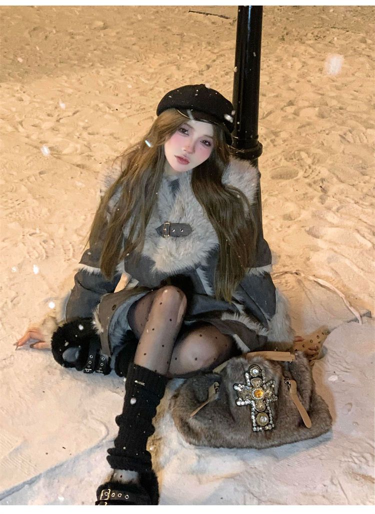 Grau Kran Silber Schnee Winter Neue frauen Anzug Elegante Pelzigen Patchwork High-end-Mantel Vielseitig Mode Shorts_voghion.com