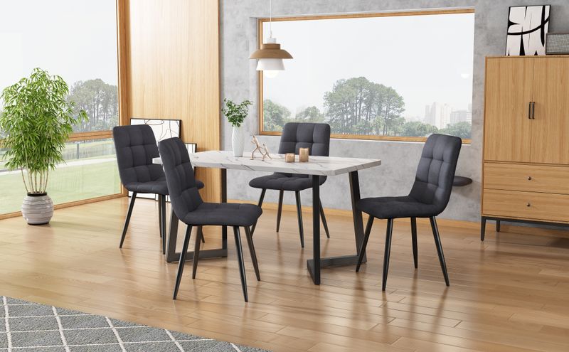117cm Esstisch Mit 4 Stühlen Set, Rechteckiger Esstisch Moderner Küchentisch Set ,Dunkelgrauer Leinen Esszimmerstuhl,Schwarze Tischbeine_voghion.com